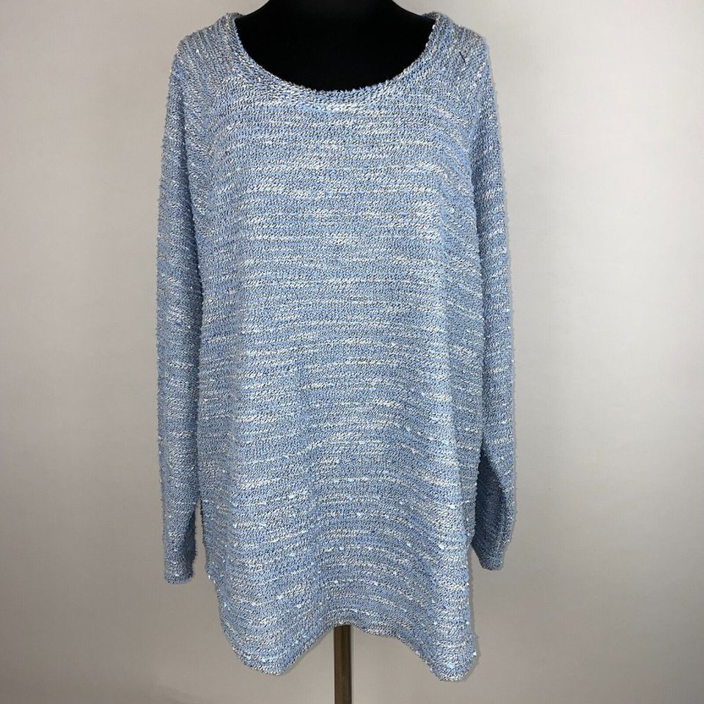 By Design Woman 2X Plus Size Blue White Black Textured Nubby Tweed Like Sweater